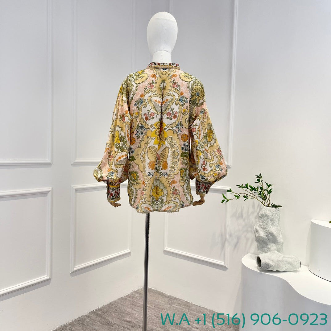 Zimmermann Yellow Little Floral Print Long Sleeve Blouse Tops And Shorts Set