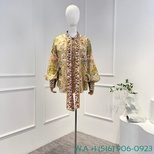 Zimmermann Yellow Little Floral Print Long Sleeve Blouse Tops And Shorts Set