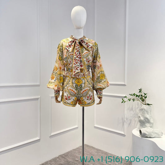 Zimmermann Yellow Little Floral Print Long Sleeve Blouse Tops And Shorts Set