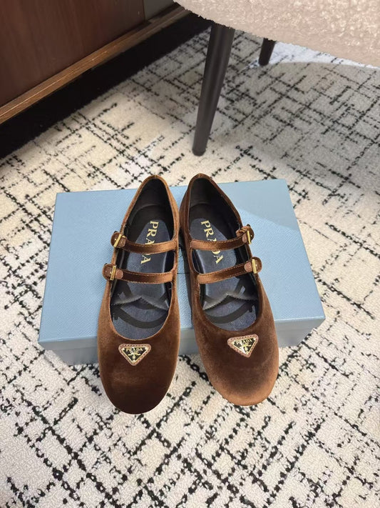 Prada Brown Round Toe Triangle Buckle Ballet Flats Shoes