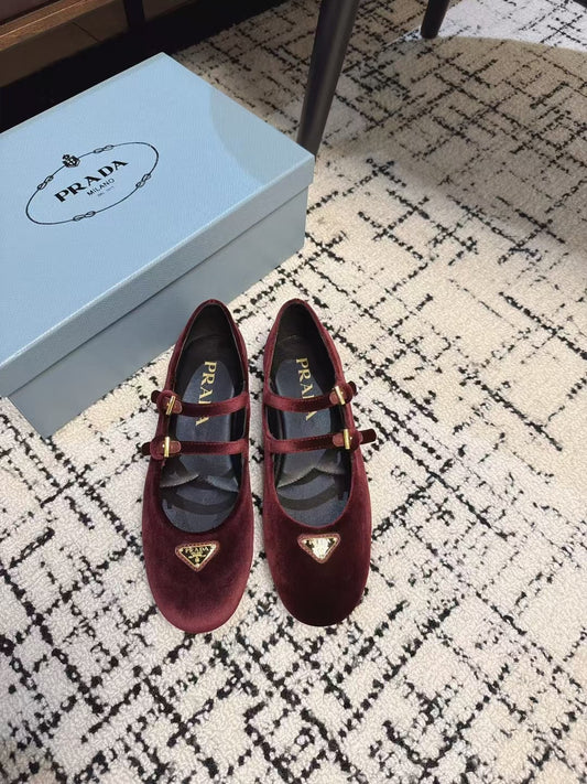 Prada Red Round Toe Triangle Buckle Ballet Flats Shoes