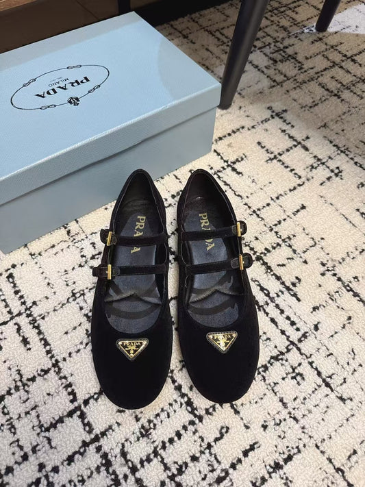 Prada Black Round Toe Triangle Buckle Ballet Flats Shoes