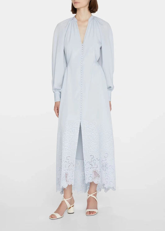 Jonathan Simkhai White Grey Xiangyun Embroidery Long Sleeve Londrawstring At Waist Bow Midi Dress