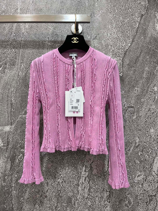 Chanel Pink Glittering Galaxy Long Sleeve Pearl Buckle Cardigan