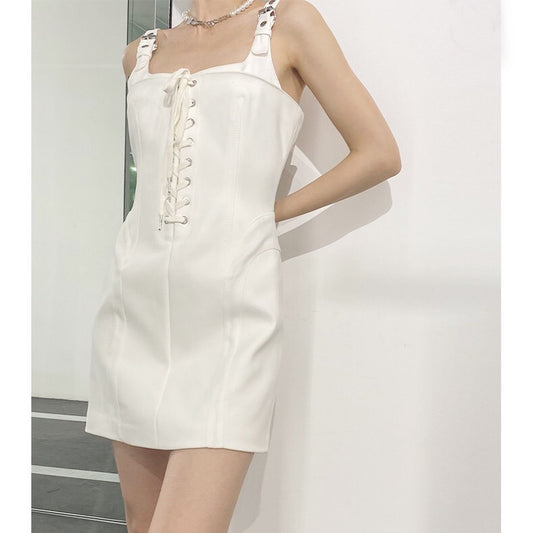 Dion Lee White Slimming Metal Buckle Waist Drawstring Tight Suspender Sleeveless Square Collar Mini Dress