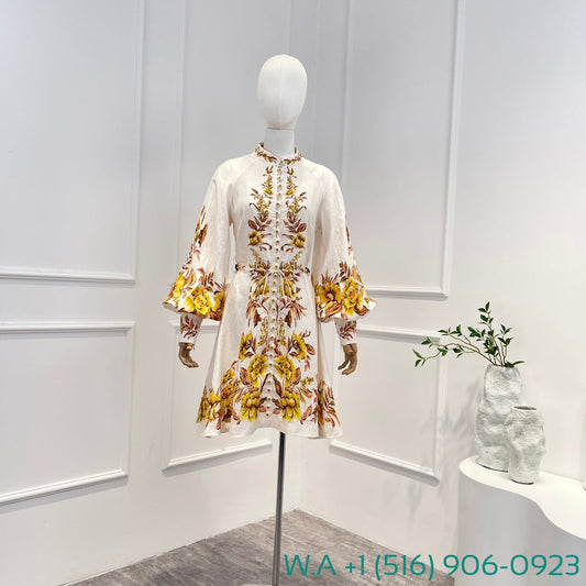 Zimmermann Yellow Flowers Print Long Sleeve Mini Dress