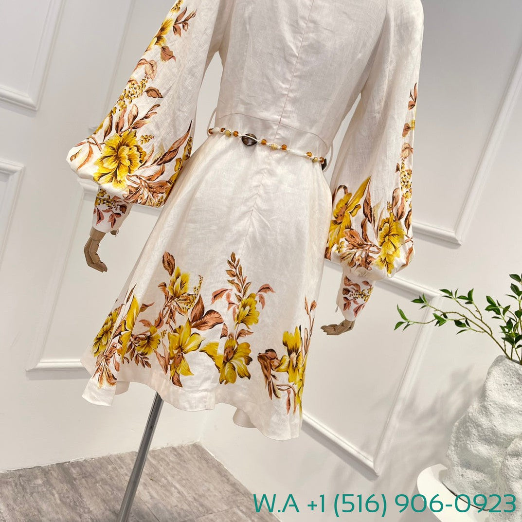 Zimmermann Yellow Flowers Print Long Sleeve Mini Dress