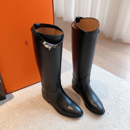 Hermes Black Leather Boots Shoes