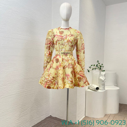 Zimmermann Yellow Hibiscus Flower Belt Long Sleeve Mini Dress