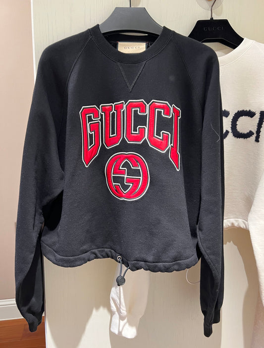 Gucci Black Grey Letter Ptint Long Sleeve Drawstring Hem Hoodies Tops