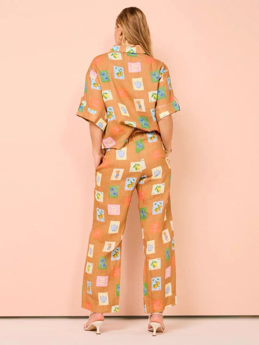 Alemais Orange Floral Print Short Sleeve Shirt And Pants Set