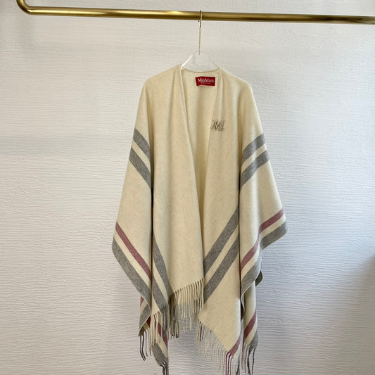 Maxmara Beige Fashionable Striped Fringed Shawl Cape Cloak