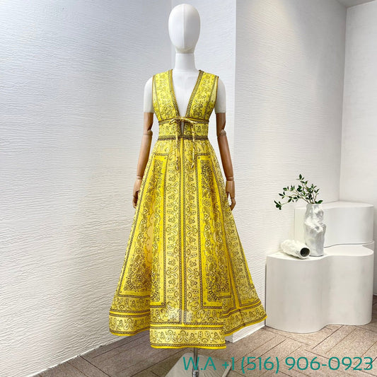 Zimmermann Yellow Paisley Print Sleeveless Bow Tie Front Midi Dress