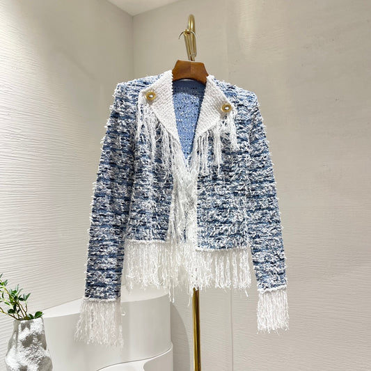 Balmain Blue Fringed Tassels Long Sleeve Knit Jacket