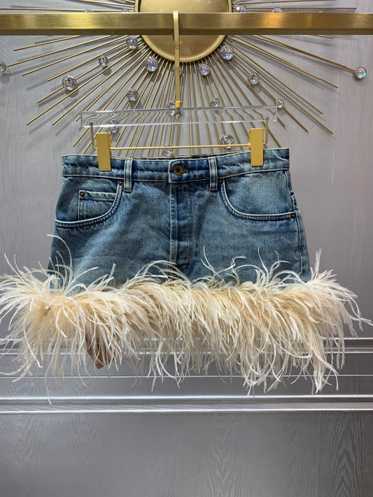 Miumiu Blue Jeans Denim Ostrich Feather Short Skirt