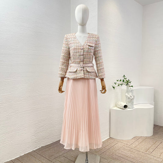 Self Portrait Apricot Tweed Long Sleeve V Neck Shining Sequined Jacket And Pink Pleat Midi Skirt Set