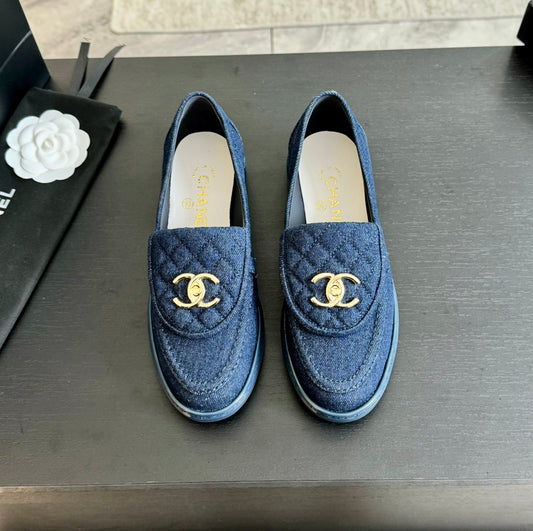 Chanel Blue Diamondpatterned New Denim Loafers Shoes