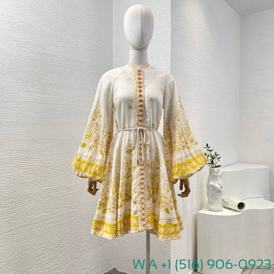 Zimmermann Yellow Golden Floral Print Long Sleeve Stand Neck Mini Dress