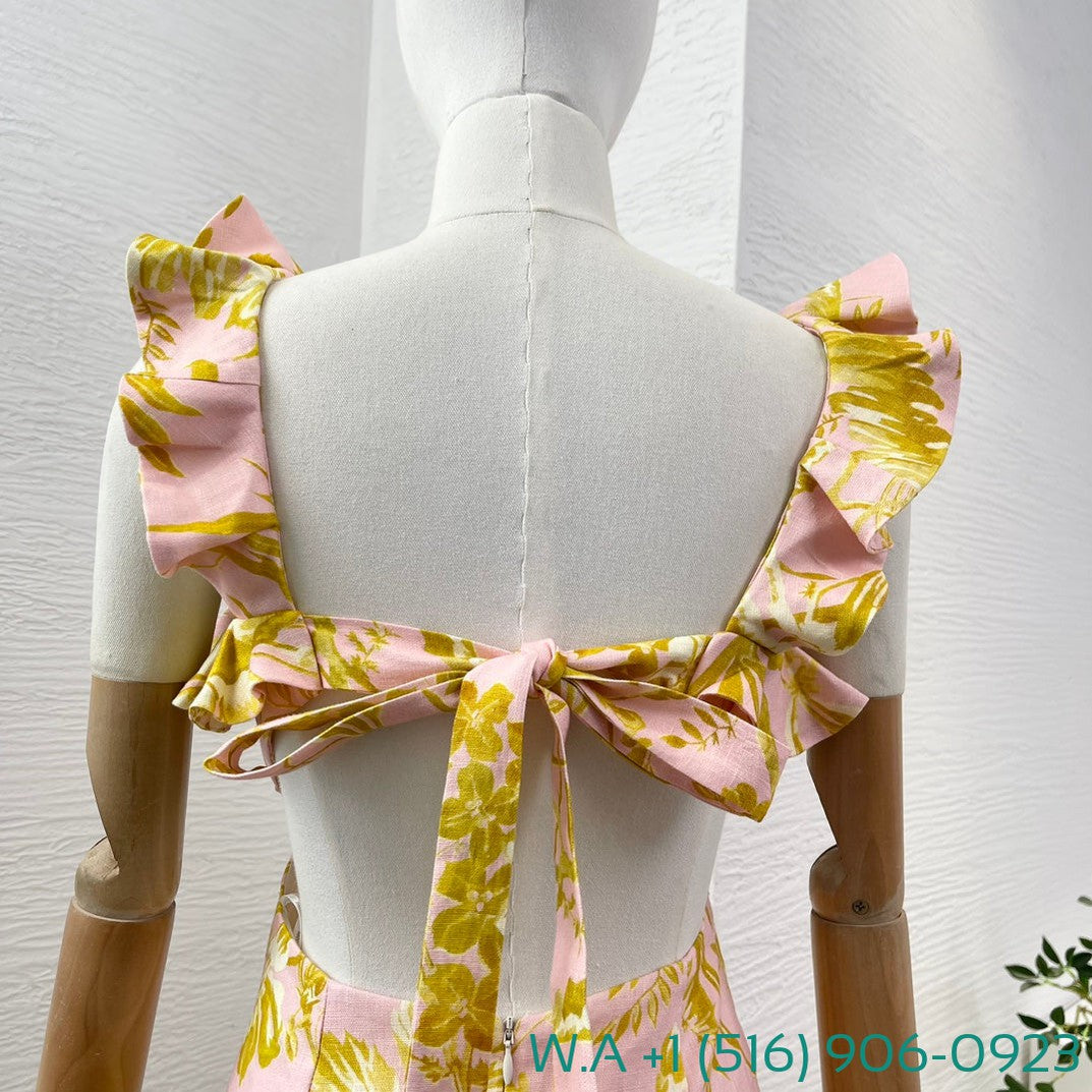 Zimmermann Yellow Pink Floral Print Sleeveless Ruffles Square Collar Mini Dress