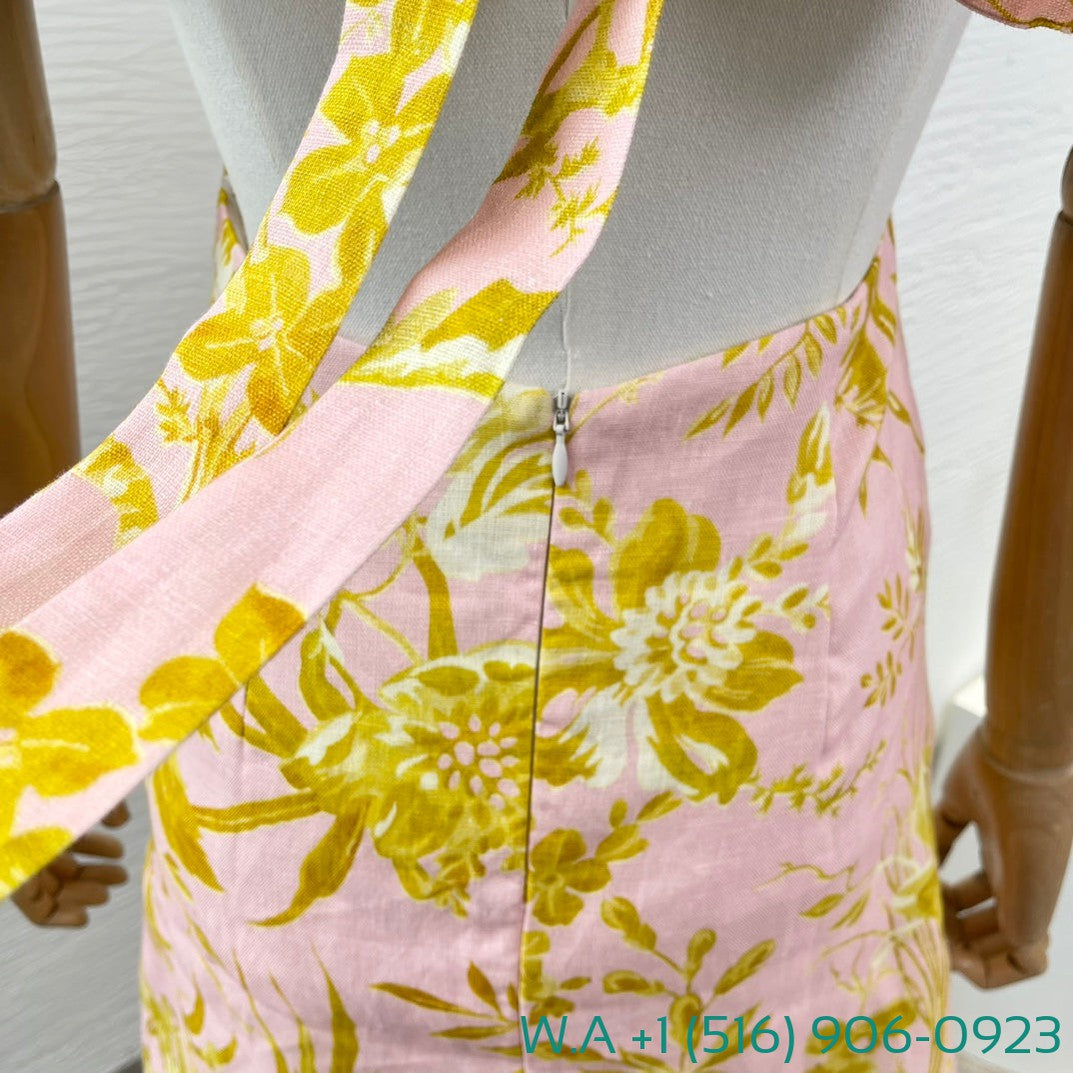 Zimmermann Yellow Pink Floral Print Sleeveless Ruffles Square Collar Mini Dress