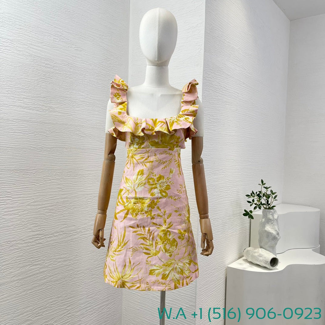 Zimmermann Yellow Pink Floral Print Sleeveless Ruffles Square Collar Mini Dress