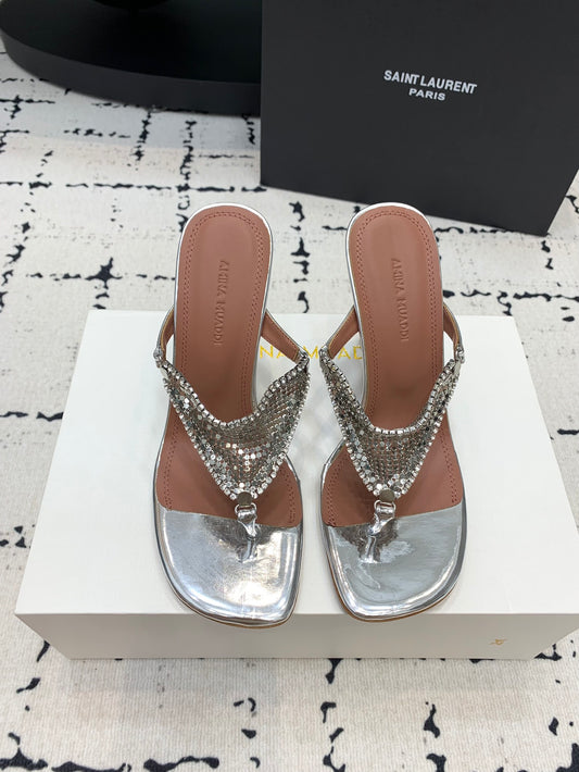 Saint Laurent Silver Rhinestone Flip Flops Shoes