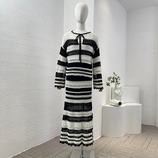 Domedeer Black White Striped Hollow Knitting Long Sleeve Blouse Tops And Midi Skirt Set