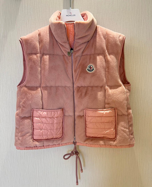 Moncler Pink Sleeveless Velvet Patchwork Flattering Style Vest Down Jacket