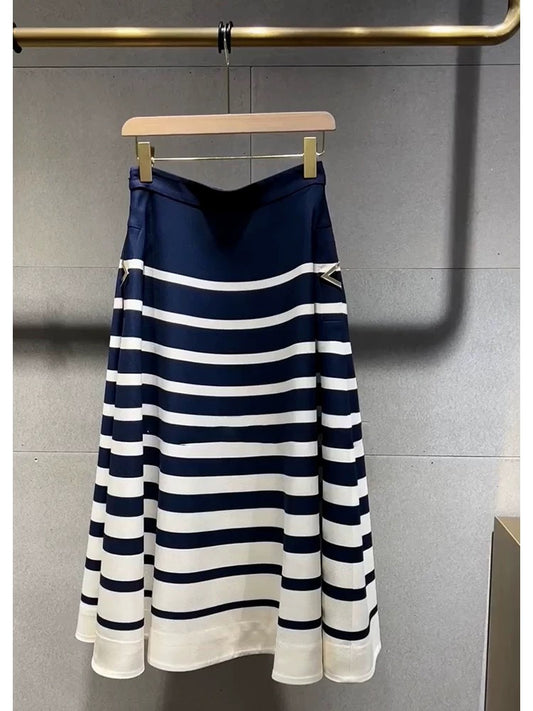 Valention Blue White Striped High Waist Midi Skirt