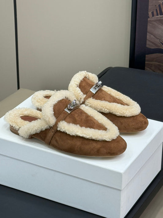 Hermes Brown Classic Mule Fur Slippers Cowhide Shoes