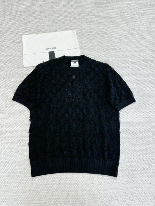 Chanel Black Beard Fringe Short Sleeve Sweater Pullover Tops