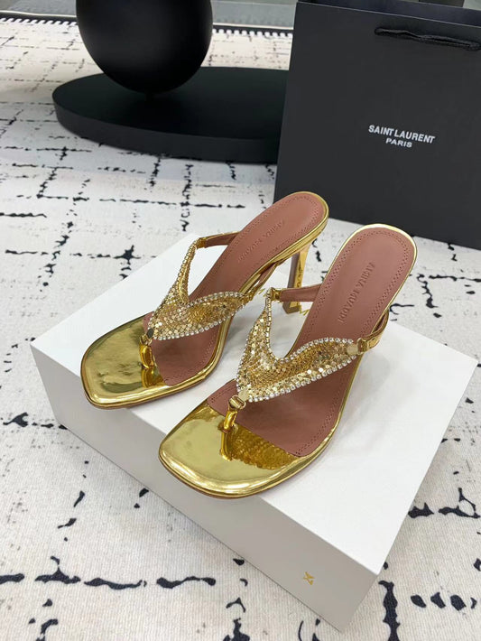 Saint Laurent Golden Rhinestone Flip Flops Shoes