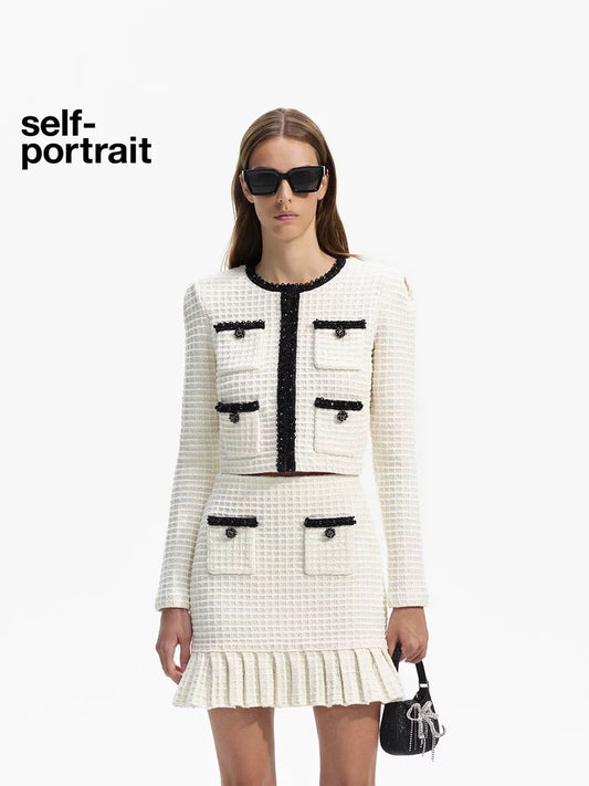 Self Portrait White Long Sleeve Tweed Jacket Tops And Ruffles Skirt Tops