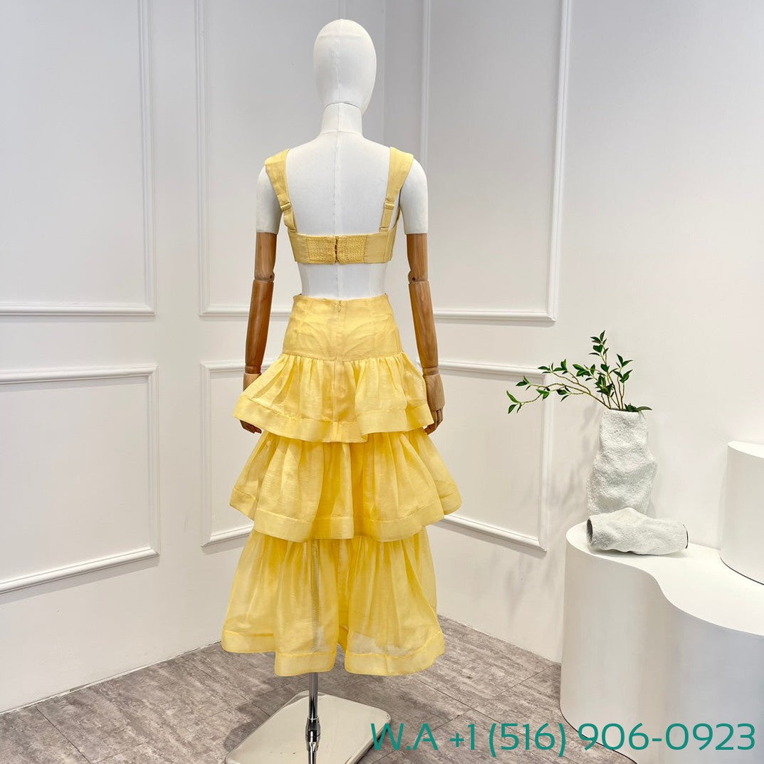 Zimmermann Yellow Sleeveless Pleat Vest Tops And Flouncing Ruffle Midi Skirt Set