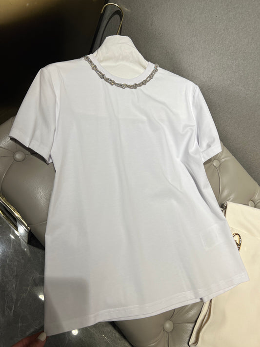 Valentino White Short Sleeve Diamonds Necklace T Shirt Tops